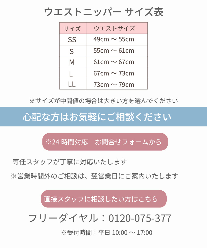 タムラのウエストニッパー(TZV07)のサイズ表。SS(49〜55cm)からLL(73〜79cm)までのウエストサイズ一覧と、サイズ相談用のお問い合わせフォーム・フリーダイヤル案内