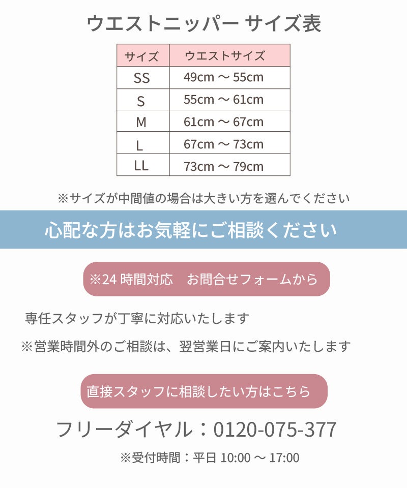 タムラのウエストニッパー(TZV07)のサイズ表。SS(49〜55cm)からLL(73〜79cm)までのウエストサイズ一覧と、サイズ相談用のお問い合わせフォーム・フリーダイヤル案内
