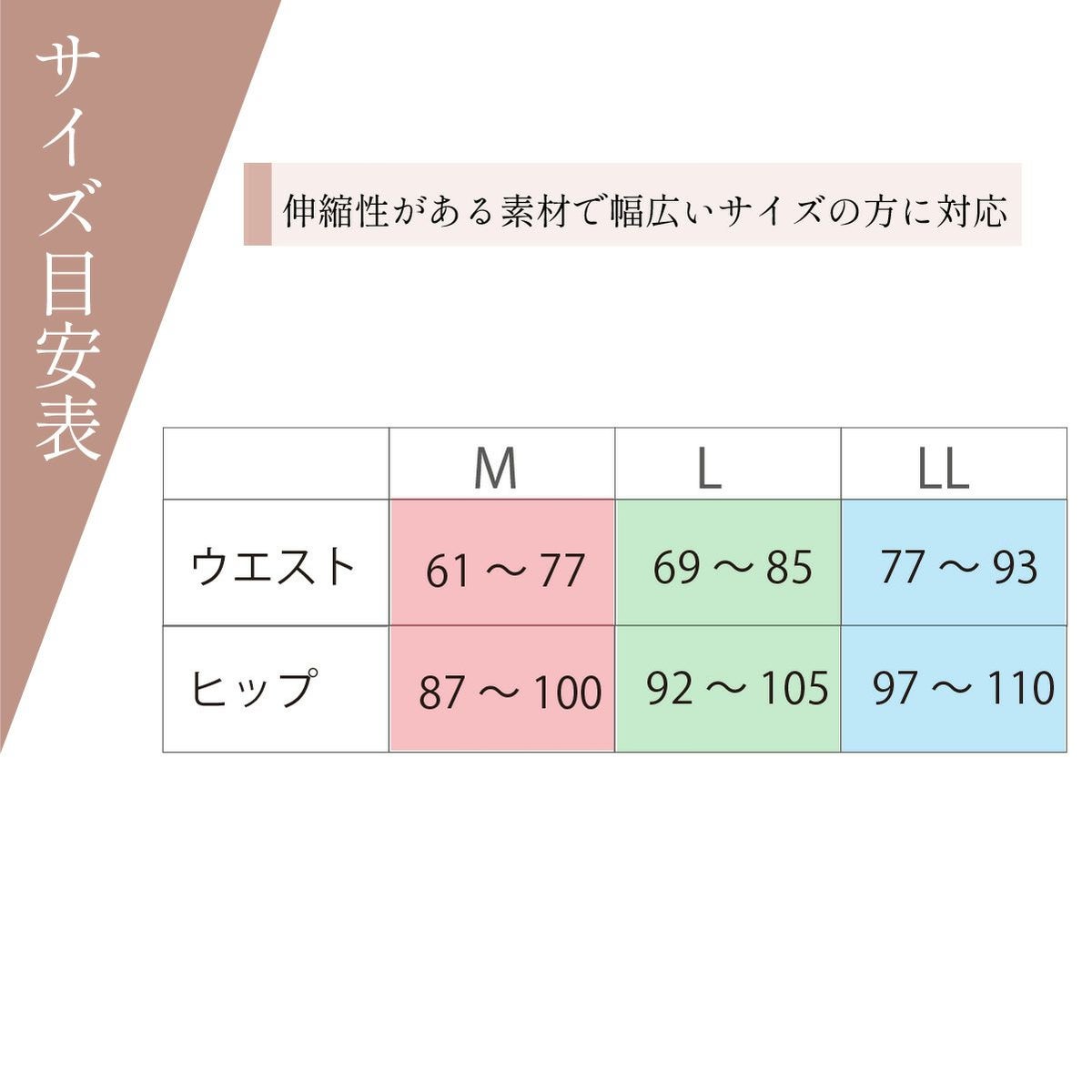 しとや華 凛 ３D立体ショーツのサイズ目安表。ウエストとヒップサイズに対応したM・L・LLのサイズガイド。