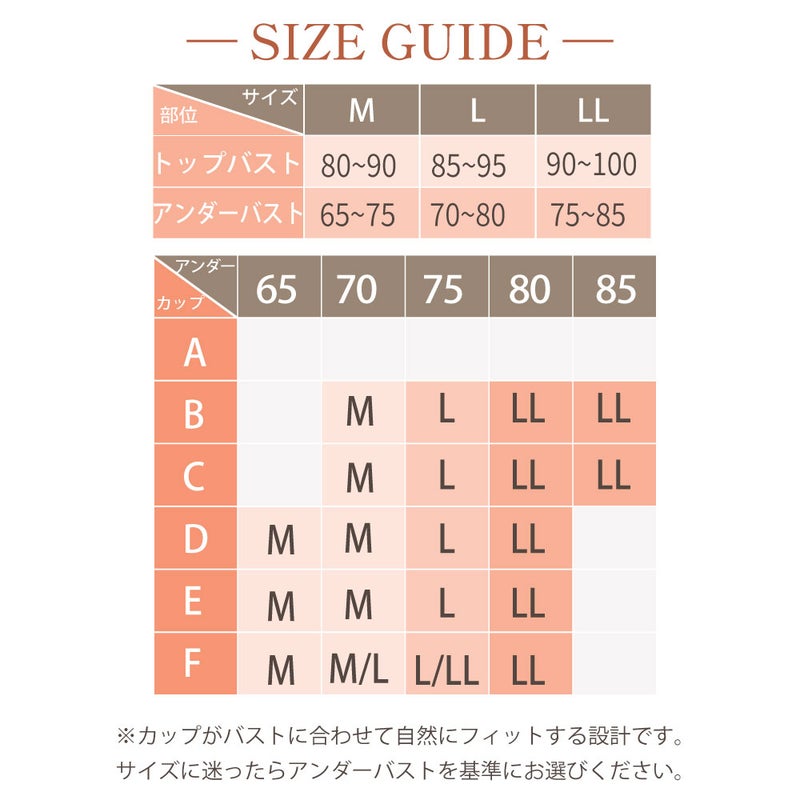 BFP05 PITALIFT サイズガイド M/L/LLのトップ・アンダーバスト寸法とアンダー×カップ別サイズ早見表(A〜Fカップ対応)