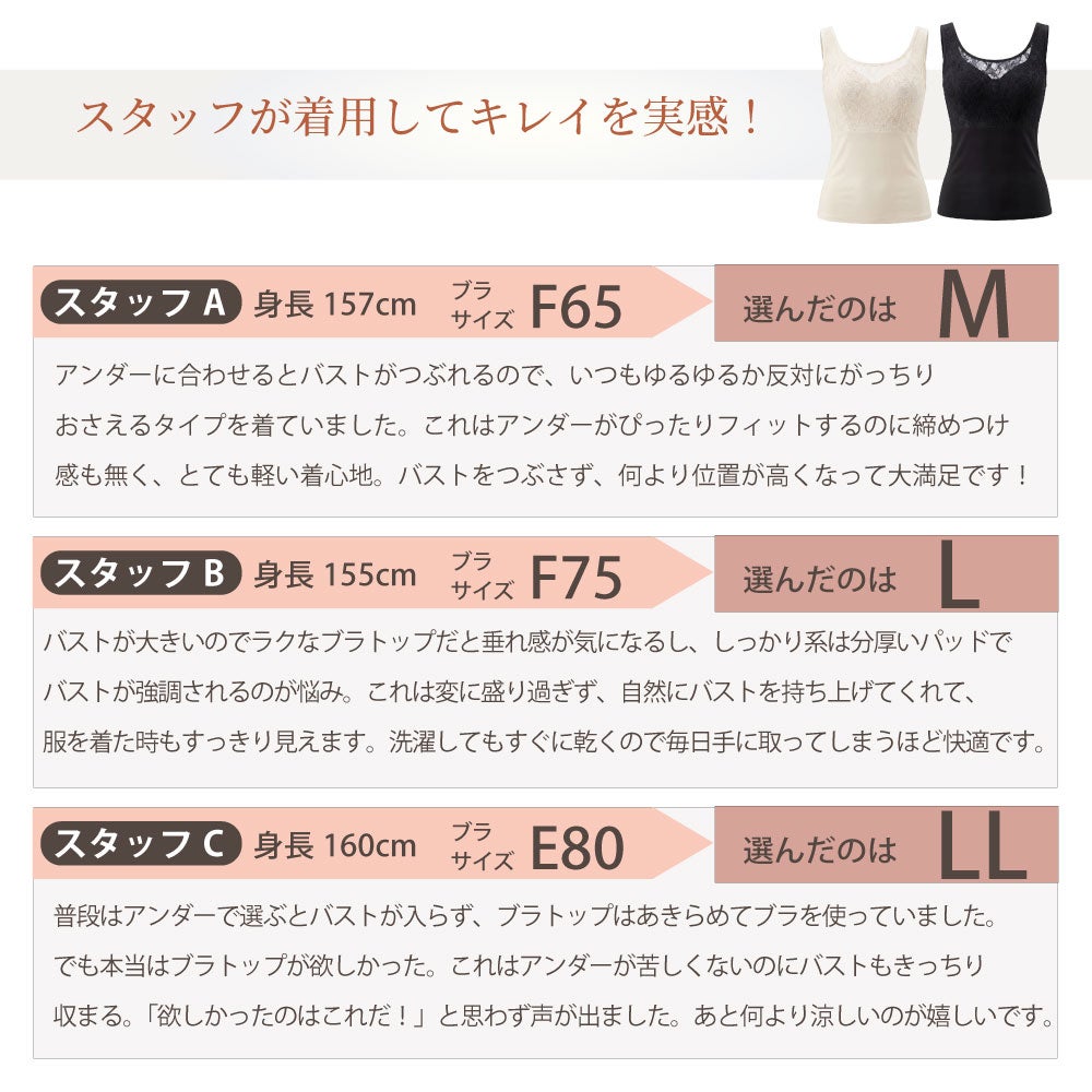 BFP05 PITALIFT スタッフ着用レビュー F65がM、F75がL、E80がLLを選択しバストの収まりと快適さを実感